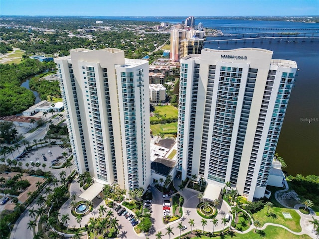 bird's eye view with a water view and a view of city