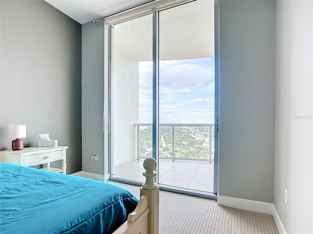 bedroom featuring carpet flooring, floor to ceiling windows, and baseboards