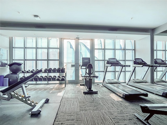 workout area featuring carpet floors and french doors