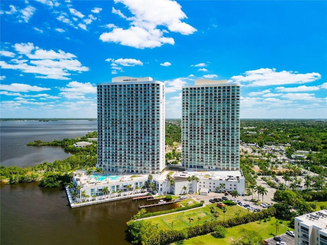 aerial view with a water view and a city view