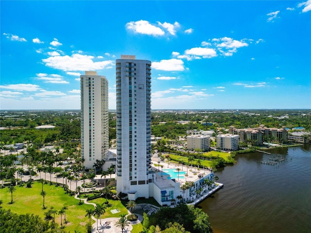 drone / aerial view with a water view and a view of city