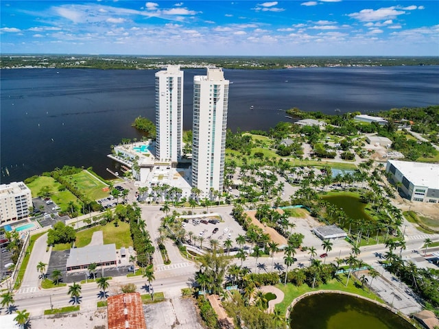 aerial view featuring a water view