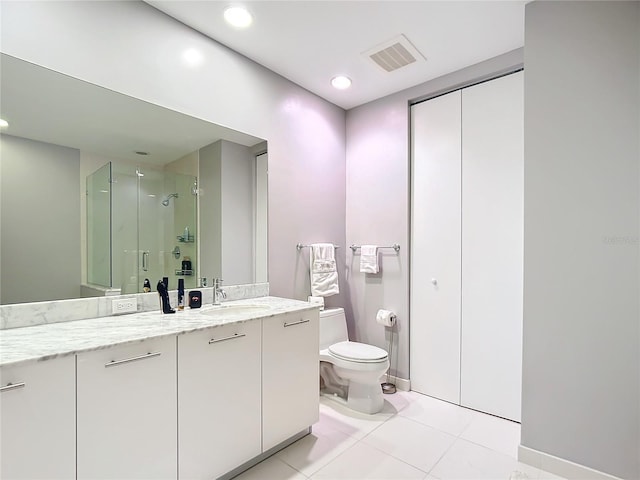 bathroom with tile patterned flooring, toilet, vanity, visible vents, and a shower stall