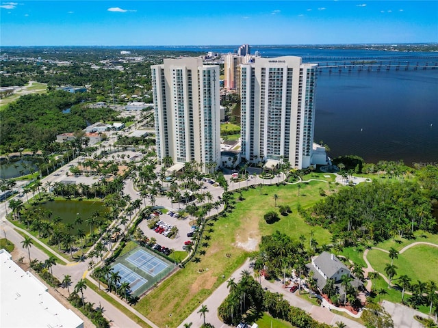 bird's eye view with a water view and a city view