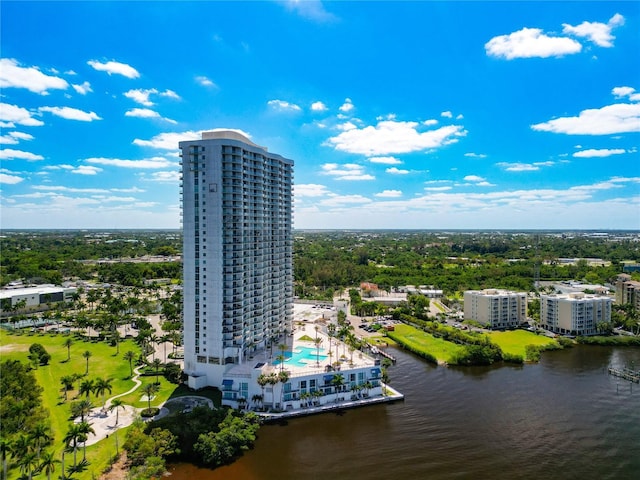 aerial view featuring a water view and a city view