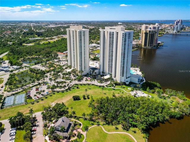 drone / aerial view with a water view and a view of city