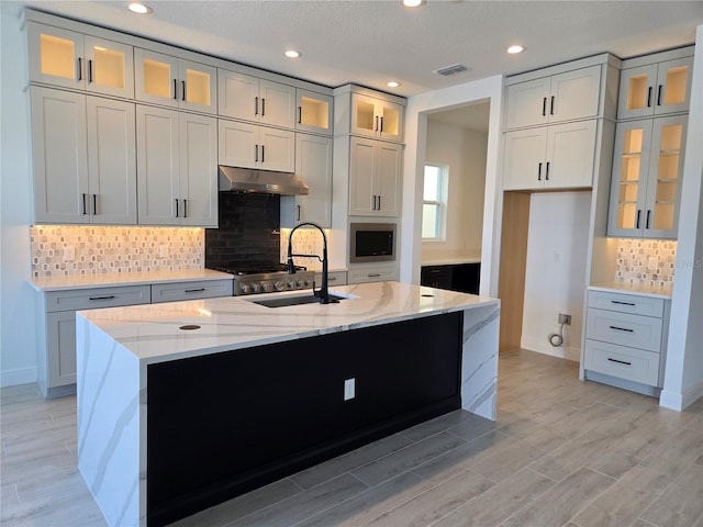 kitchen featuring a kitchen island with sink, a sink, under cabinet range hood, and light stone countertops