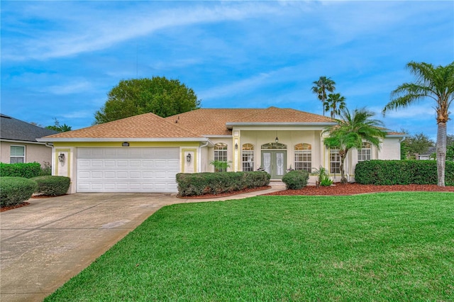 view of front of property with french doors, stucco siding, a front yard, a garage, and driveway