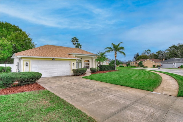 view of front of home with a garage, driveway, a front lawn, and stucco siding