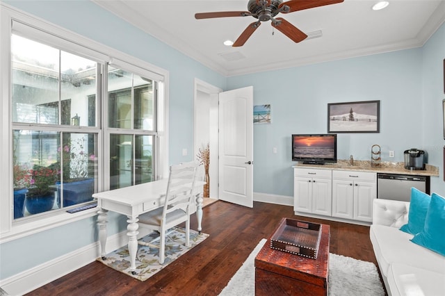 interior space featuring baseboards, dark wood finished floors, a ceiling fan, crown molding, and recessed lighting