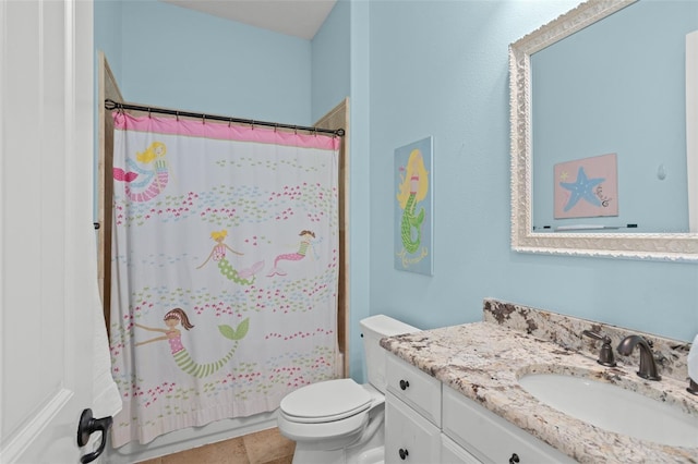 bathroom with toilet, shower / tub combo, tile patterned flooring, and vanity