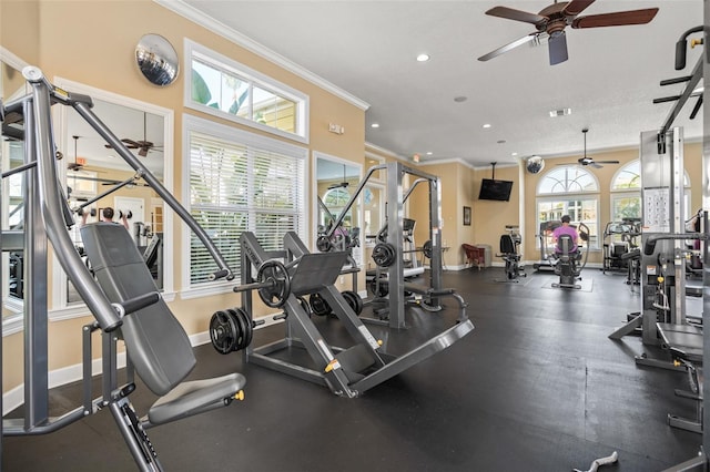 exercise room featuring baseboards, ceiling fan, recessed lighting, and crown molding