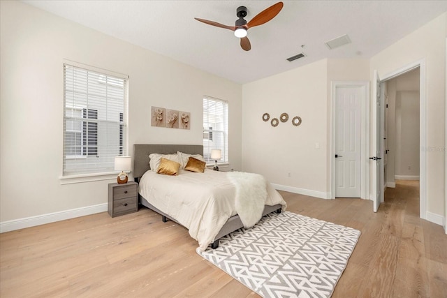 bedroom featuring light wood-type flooring, visible vents, and baseboards