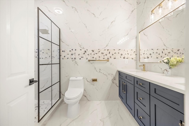 bathroom with a walk in shower, stone wall, toilet, vanity, and marble finish floor