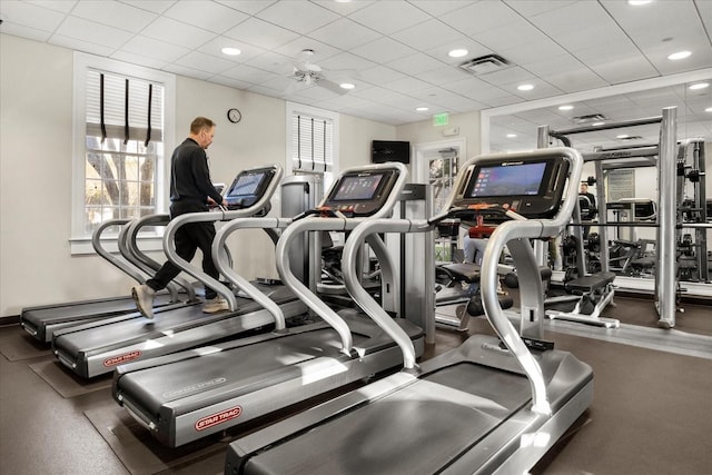 gym featuring a paneled ceiling, visible vents, and recessed lighting