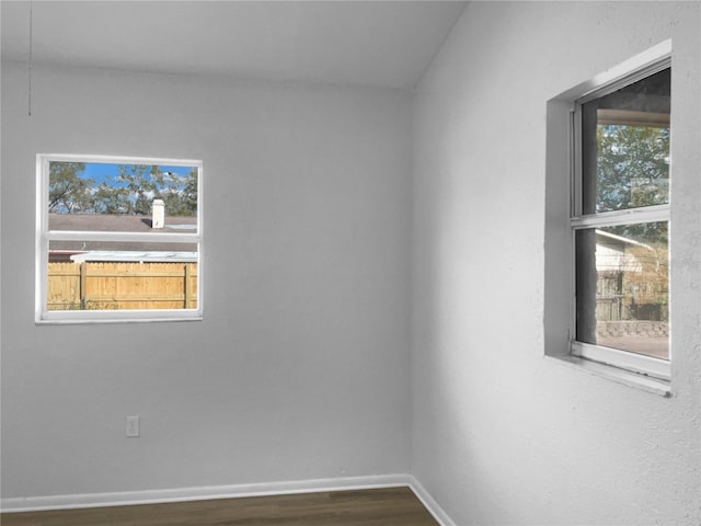 spare room featuring wood finished floors, a wealth of natural light, and baseboards