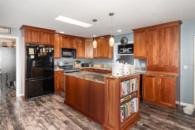 kitchen featuring black appliances, brown cabinetry, and dark wood-type flooring