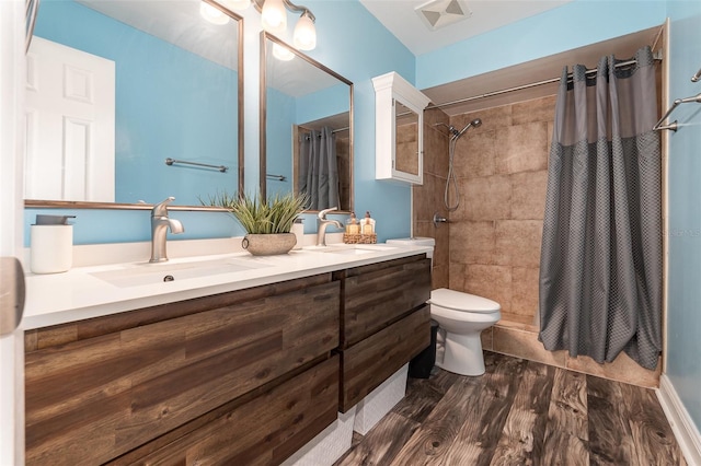 bathroom featuring double vanity, a shower with shower curtain, a sink, and toilet