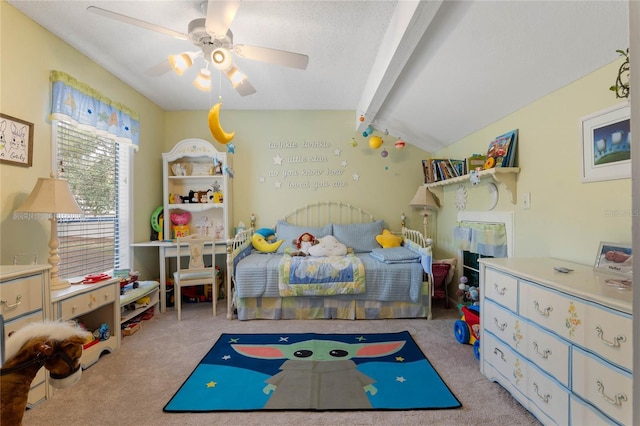 bedroom featuring vaulted ceiling with beams, carpet, ceiling fan, and a textured ceiling