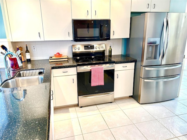 kitchen featuring stainless steel appliances, a sink, white cabinetry, and decorative backsplash