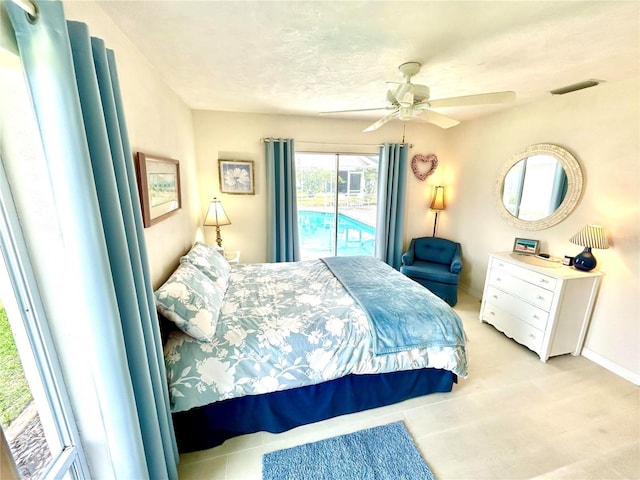bedroom with access to outside, baseboards, and a ceiling fan