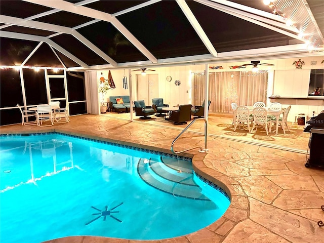 swimming pool featuring ceiling fan
