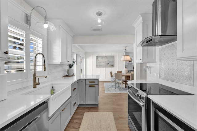 kitchen with visible vents, a sink, appliances with stainless steel finishes, wall chimney range hood, and decorative backsplash