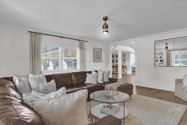 living area with a ceiling fan, wood finished floors, baseboards, a textured ceiling, and crown molding