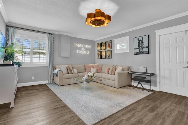 living area featuring baseboards, wood finished floors, and ornamental molding