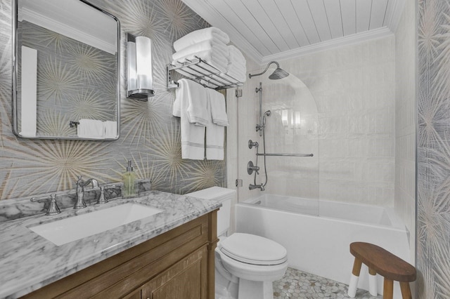 full bath with toilet, shower / bathing tub combination, crown molding, wallpapered walls, and vanity