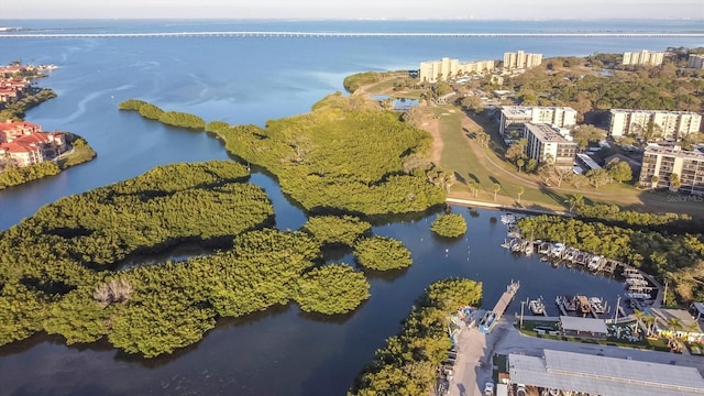 bird's eye view with a water view