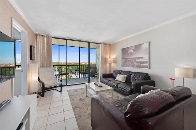 living area featuring a wall of windows, crown molding, light tile patterned flooring, and plenty of natural light