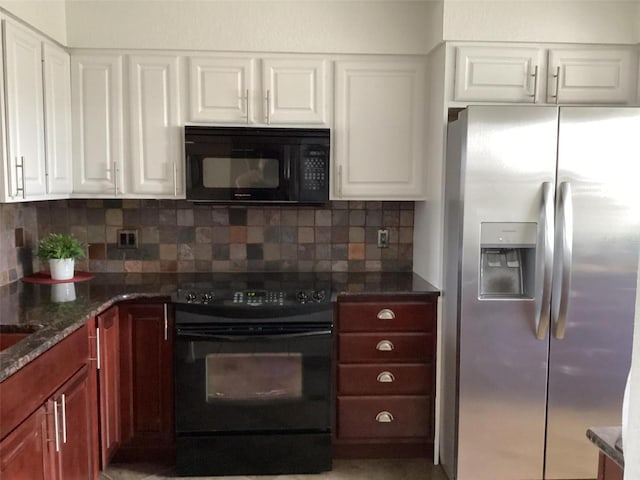 kitchen with dark stone counters, backsplash, black appliances, and white cabinets