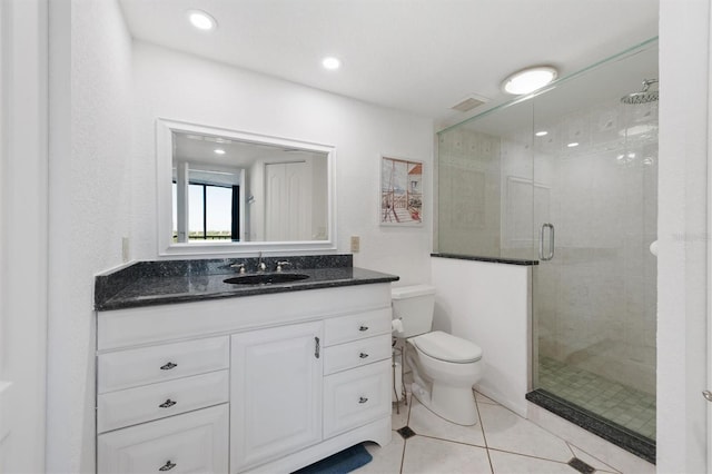 bathroom with tile patterned flooring, visible vents, a shower stall, toilet, and vanity