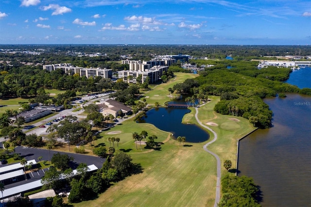 bird's eye view with golf course view and a water view