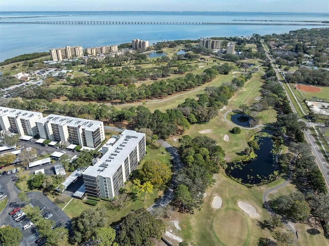 bird's eye view with a water view