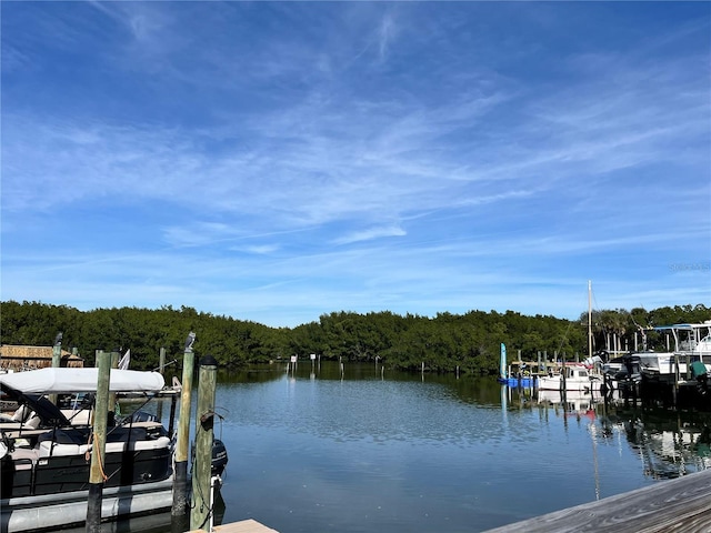 view of dock with a forest view and a water view