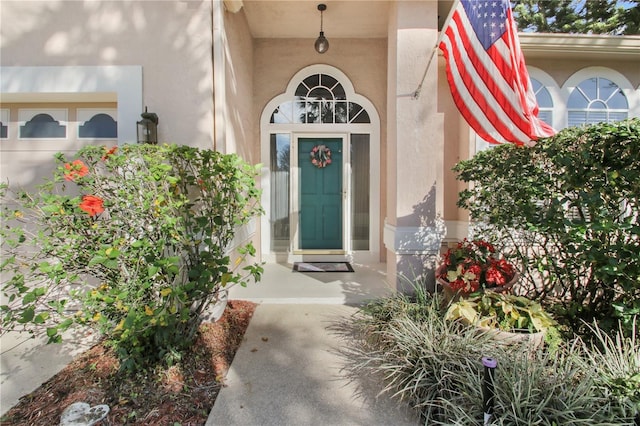 doorway to property featuring stucco siding