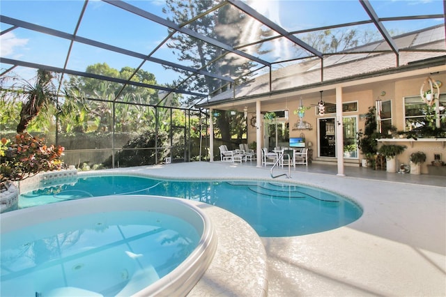 view of swimming pool featuring a fenced in pool, a lanai, and a patio