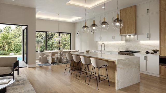 kitchen with a raised ceiling, light stone counters, stove, a kitchen island with sink, and backsplash