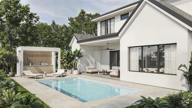 back of property featuring ceiling fan, an outdoor pool, a patio, and stucco siding