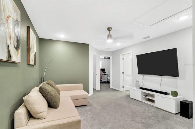 carpeted living room featuring baseboards, visible vents, a ceiling fan, and recessed lighting