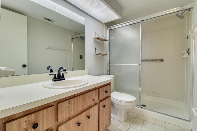 bathroom with visible vents, toilet, a shower stall, vanity, and tile patterned flooring