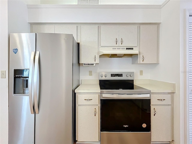 kitchen featuring stainless steel appliances, light countertops, white cabinets, and under cabinet range hood