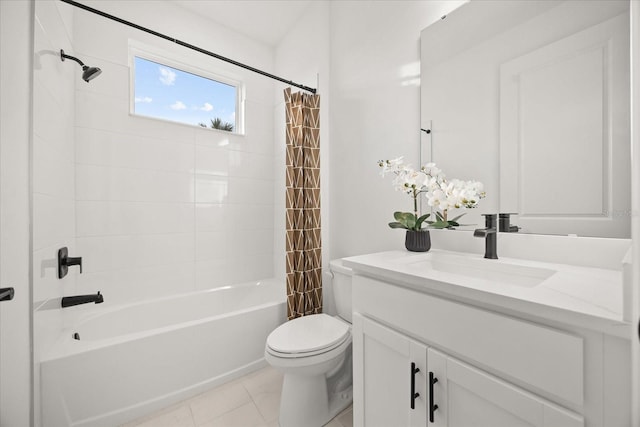 full bathroom featuring tile patterned flooring, vanity, toilet, and shower / bathtub combination with curtain