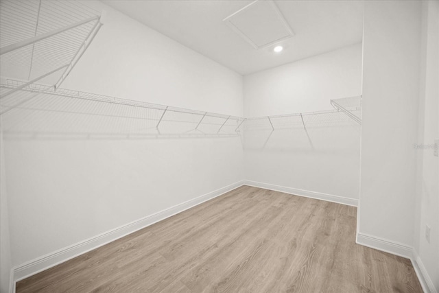 walk in closet featuring attic access and light wood finished floors