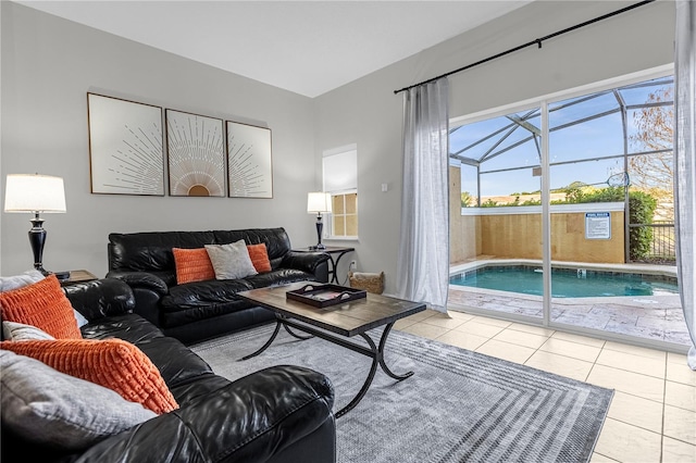 living room with tile patterned flooring