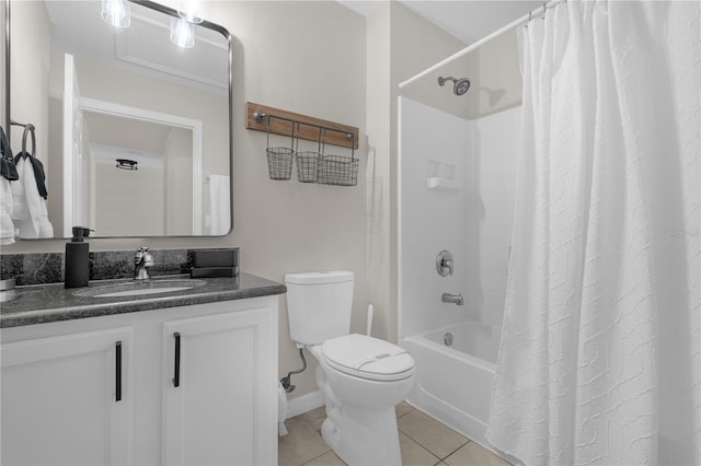 full bath featuring toilet, shower / bath combo, tile patterned flooring, and vanity