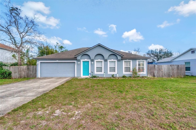 single story home with stucco siding, concrete driveway, an attached garage, fence, and a front lawn