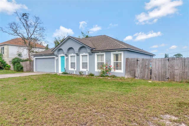 single story home featuring stucco siding, a front yard, fence, a garage, and driveway